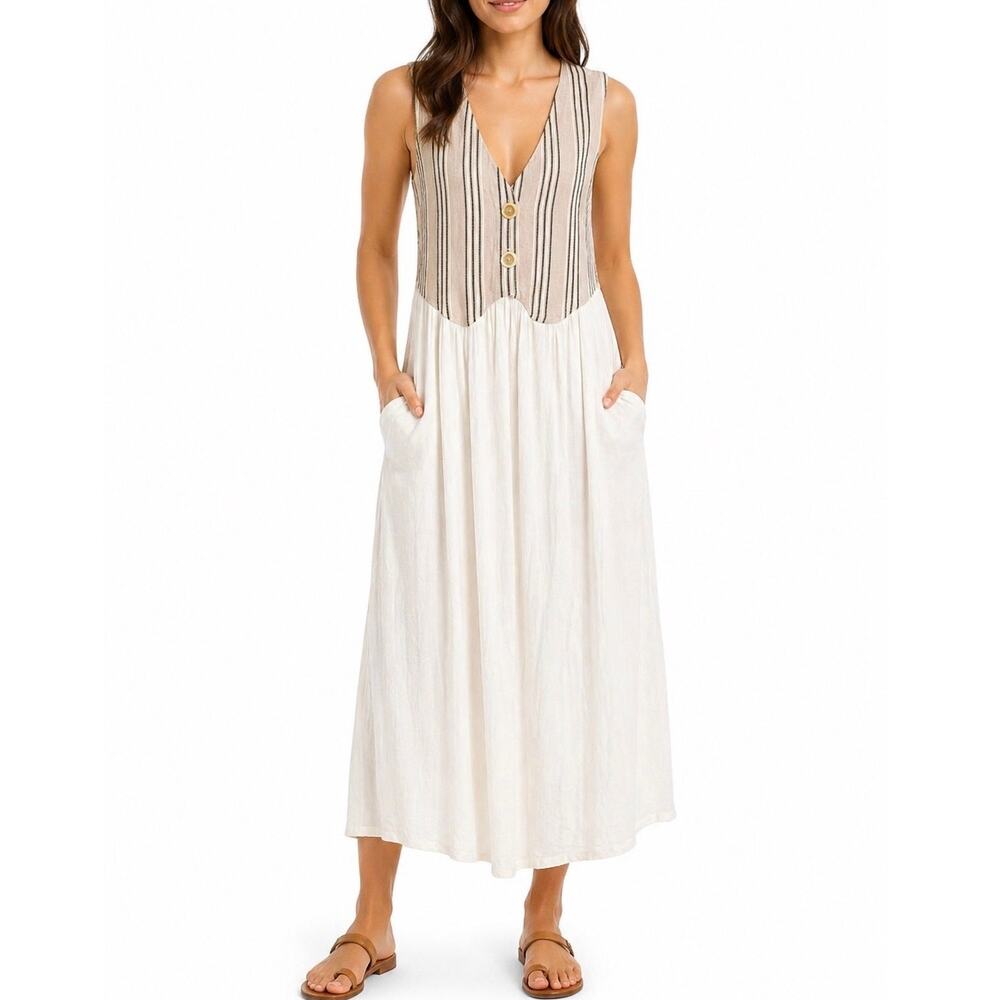 Vintage 90s Linen Rayon Colorblock Maxi Dress Boho Neutral Cottage Patch Pockets